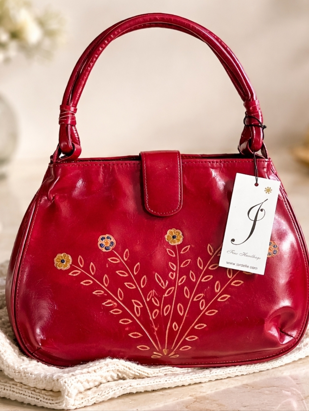 Red Floral Leather Embroidered Top-Handle Bag Nwt